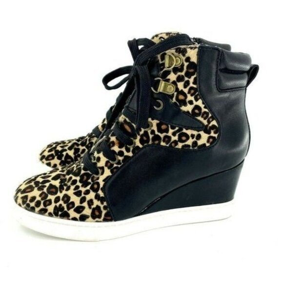 LINEA PAOLO Fleur Wedge Sneakers Leopard Print Calf Hair Leather Shoe SZ 6.5 - Picture 1 of 10